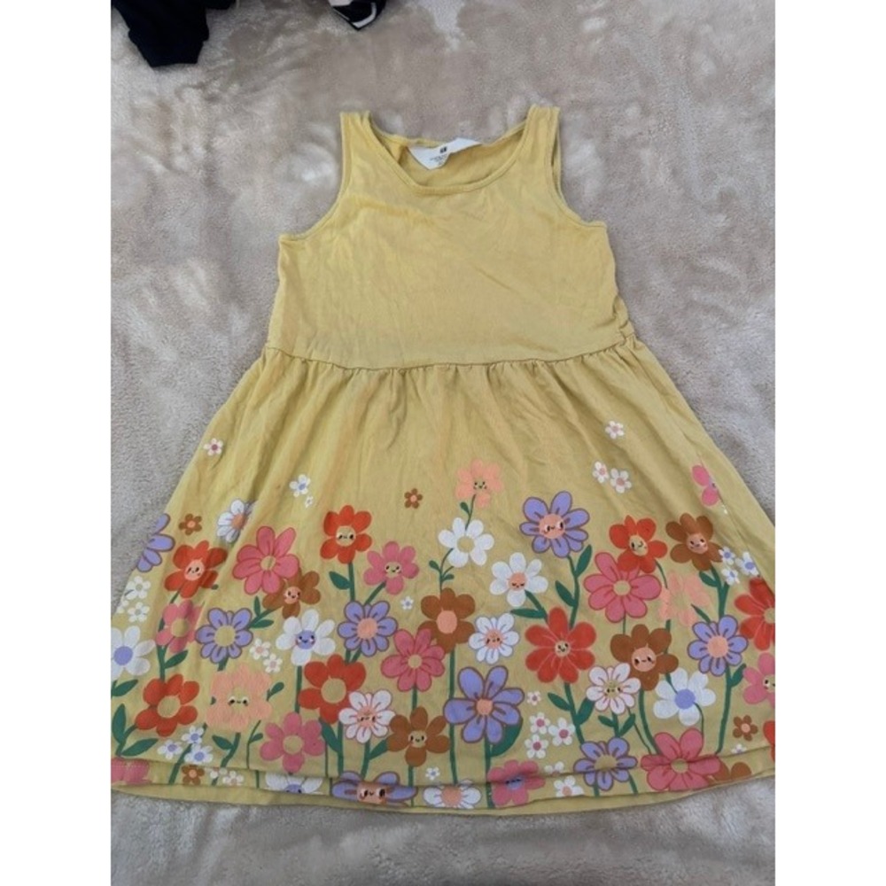 HM Kids Yellow Floral Jersey Dress Sleeveless Retro Flower Print Size 6X 7 8